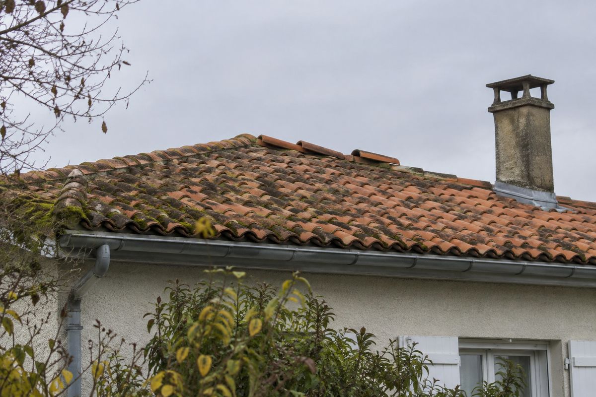 Toit en tuiles d'une maison de Gironde, avec de la mousse et quelques tuiles déplacées près du faîtage